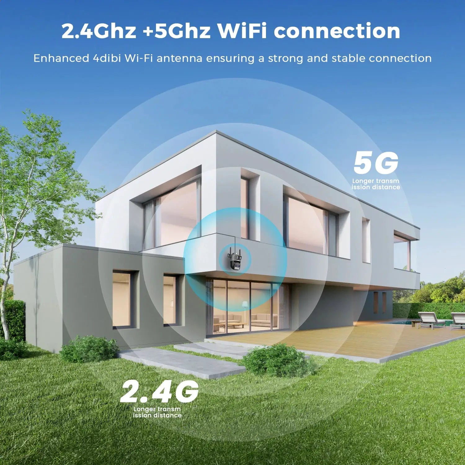 BESDER outdoor WiFi CCTV camera mounted on a modern home, showing 2.4G/5G WiFi connectivity