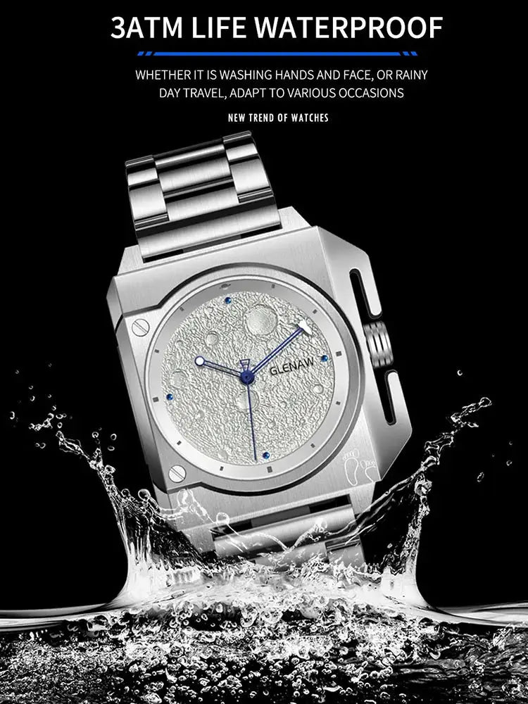 Montre homme GLENAW original mechanical stainless steel watch with moon dial and luminous blue pointers