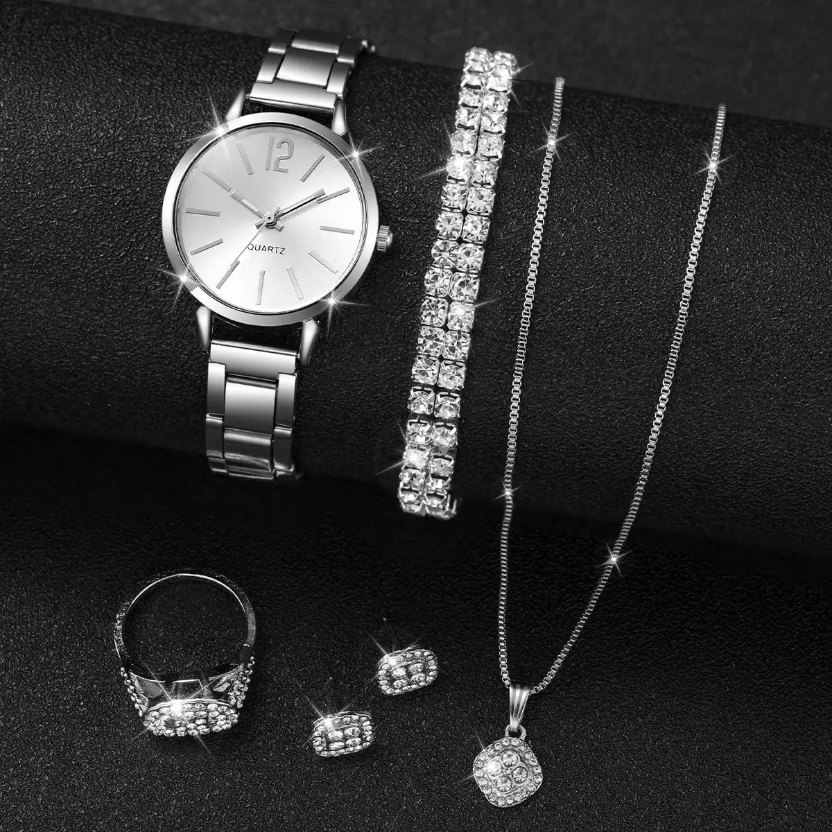6-piece fashion women's quartz watch set in silver stainless steel with bracelet, ring, earrings, and necklace