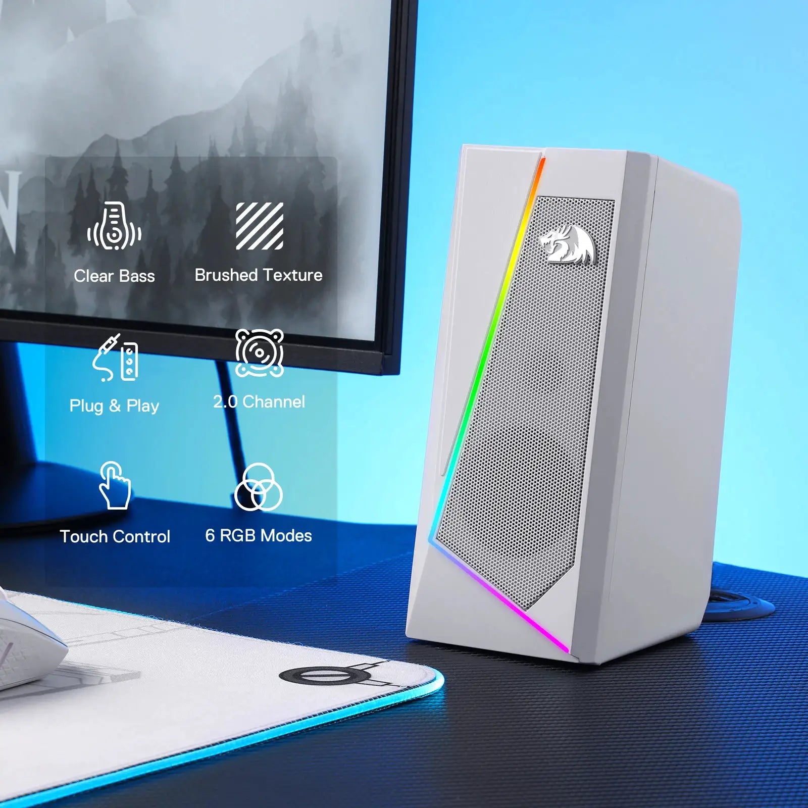 Redragon GS520 RGB desktop speakers, 2.0-channel PC stereo with 6 color LED modes and rainbow edge lighting, white