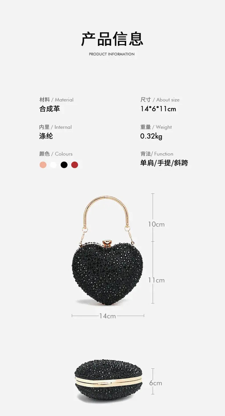 Simples Market luxury diamond-inlay heart clutch with black crystal stones and gold handle; 2-piece set
