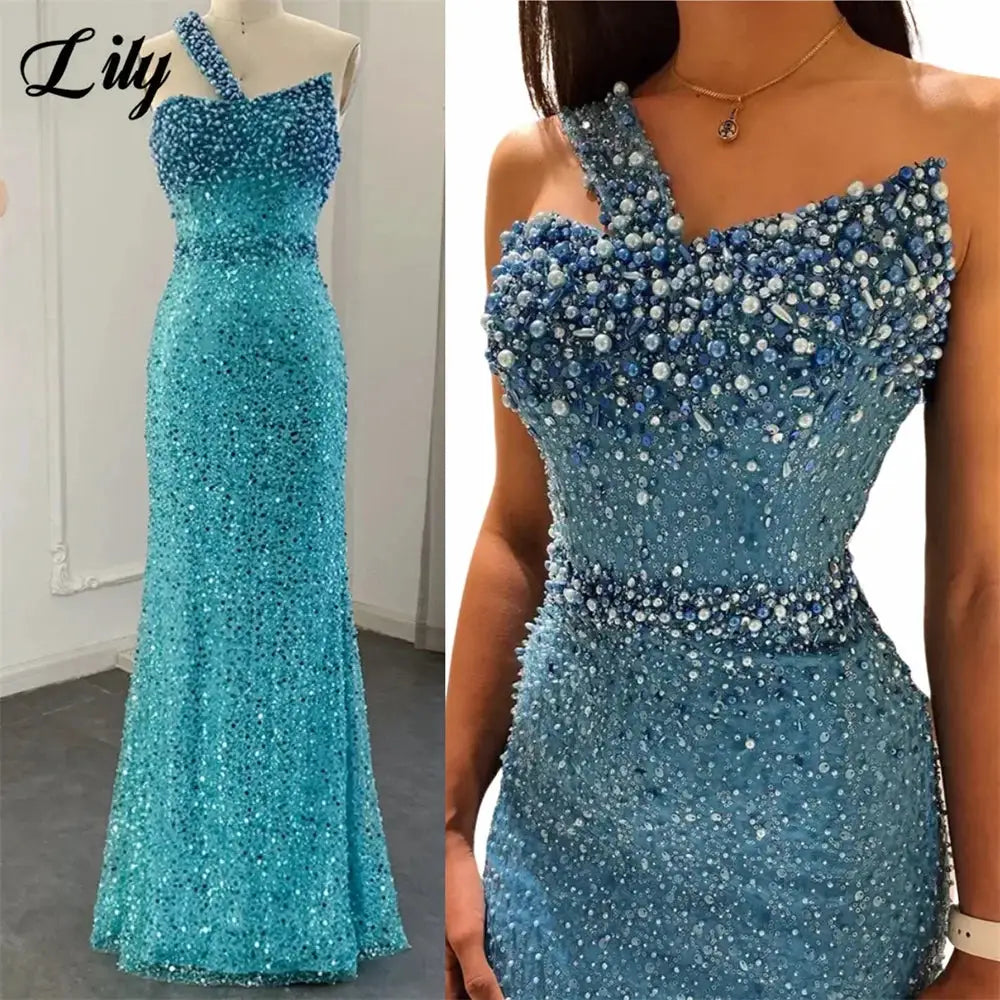 Lily Blue Prom Dress One Shoulder Sleeveless Mermaid Gown Rhinestones