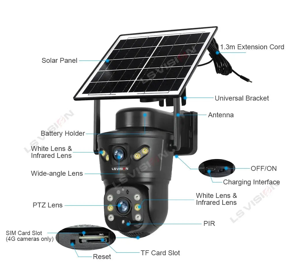 LS VISION 4G/WiFi outdoor solar camera by Simples Market, 8MP dual lens, night vision, waterproof