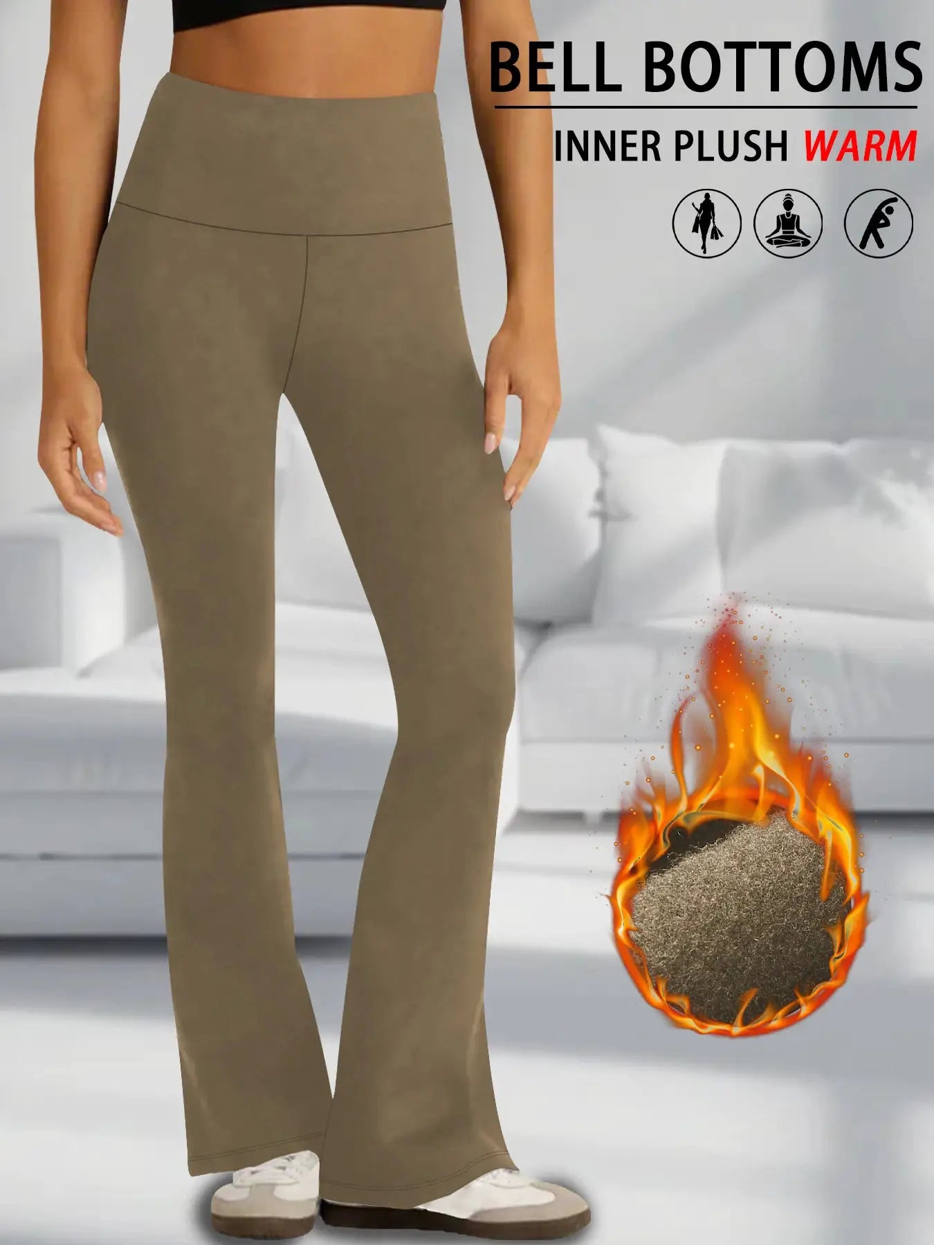 Women's high-waisted fleece flare leggings by Simples Market in taupe with tummy control bootcut and warm inner plush.