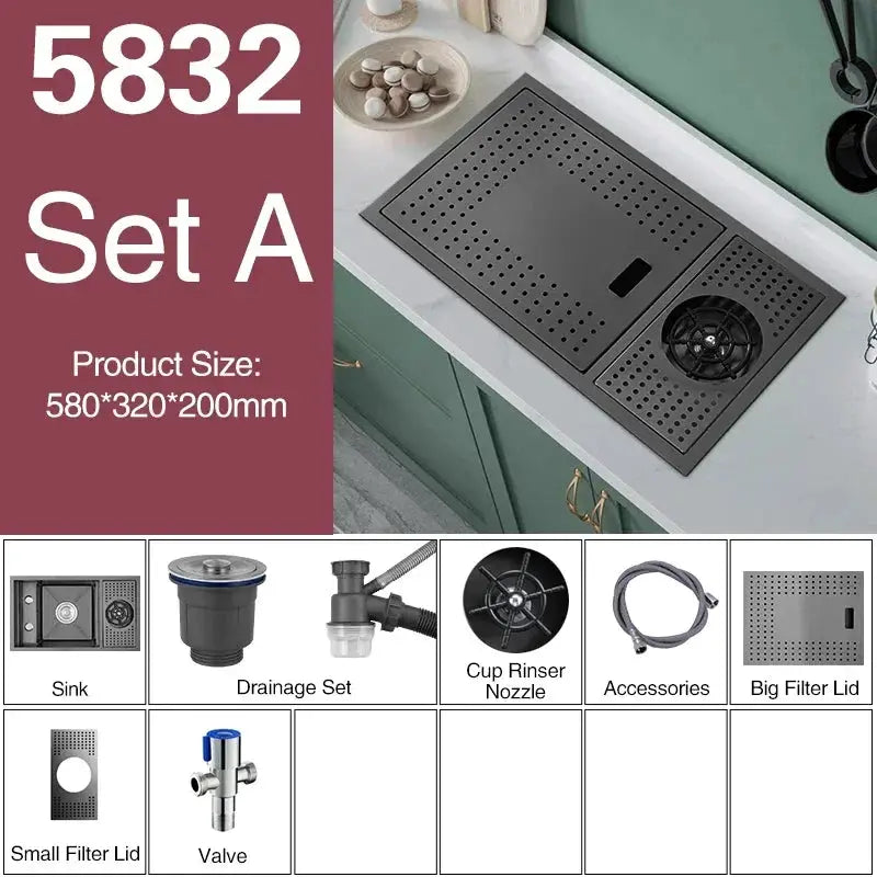 ASRAS Nano black concealed single-bowl kitchen sink set A with lifting faucet, 7-piece components