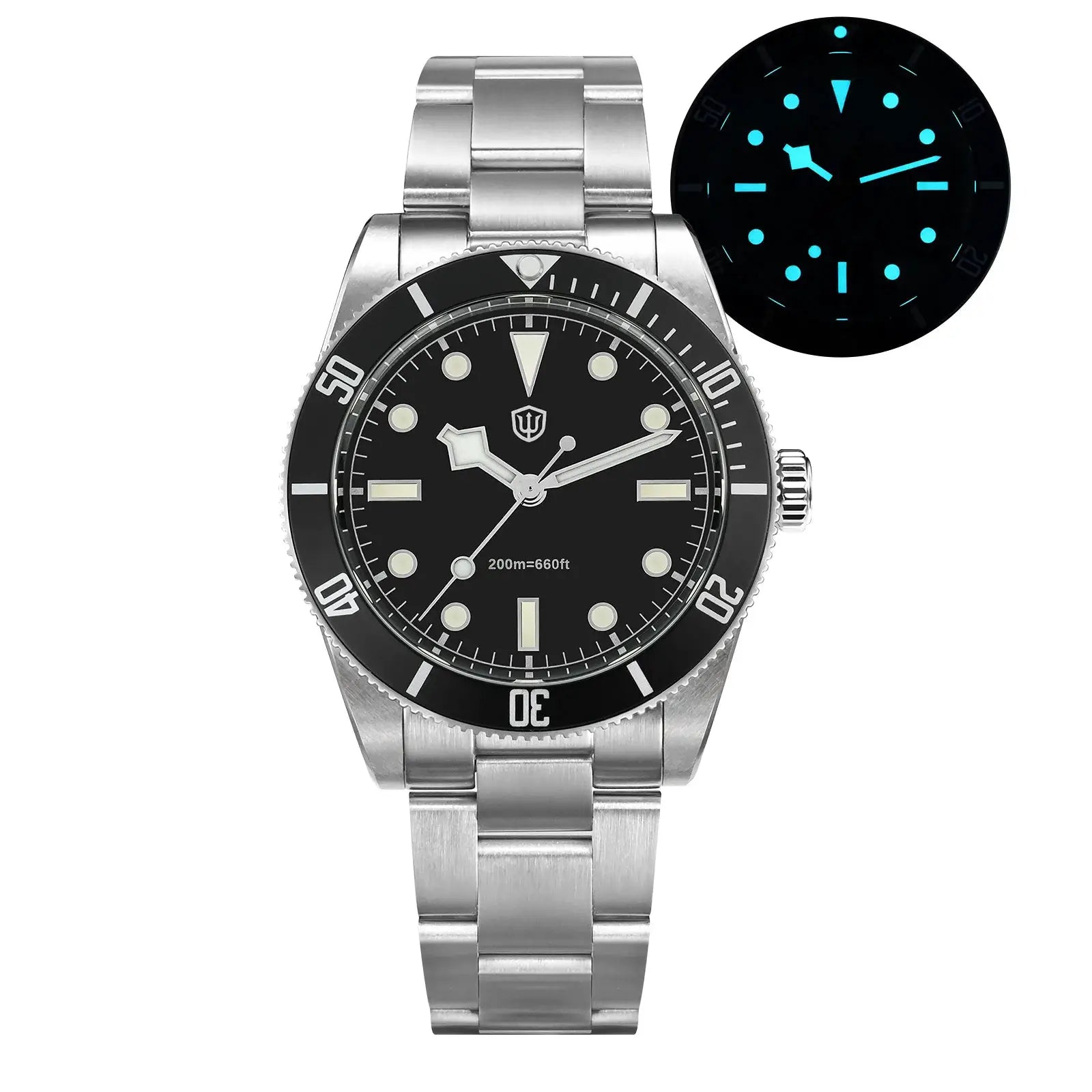 Watchdives WD7922 diver watch with stainless steel bracelet, black dial, luminous markers, and unidirectional bezel