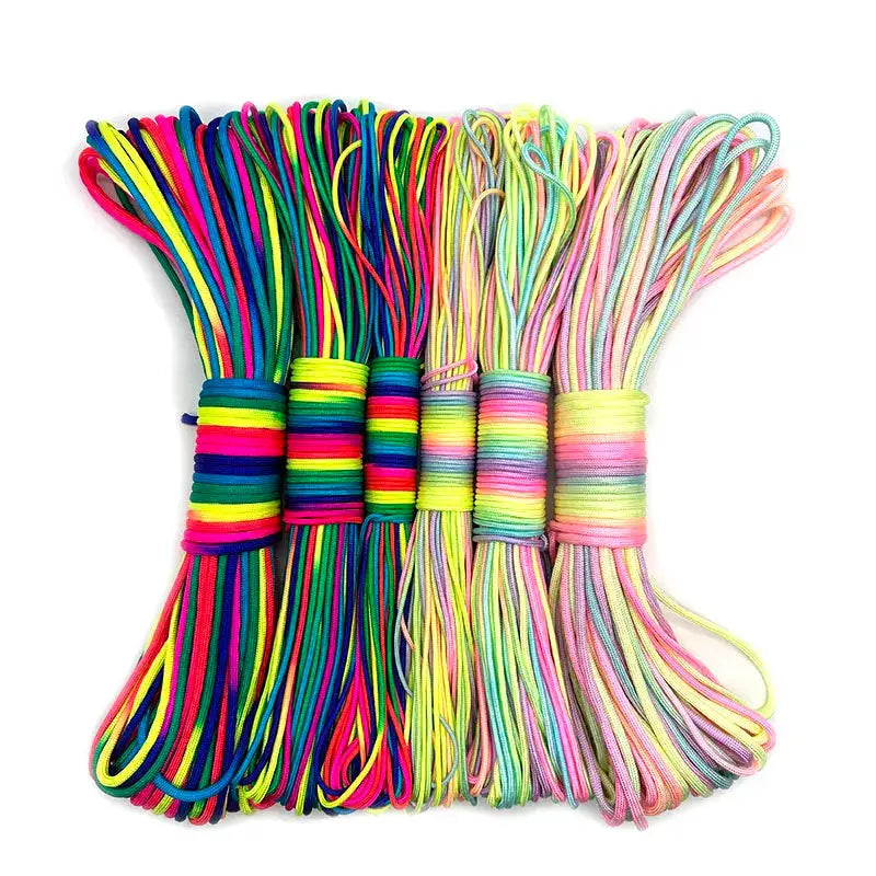 Rainbow paracord rope bundles in bright multicolor nylon strands, 7 bundles.