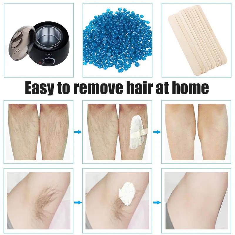 Simples Market 200ml wax heater, blue paraffin beads, and beige waxing strips for a three-item at-home hair removal kit