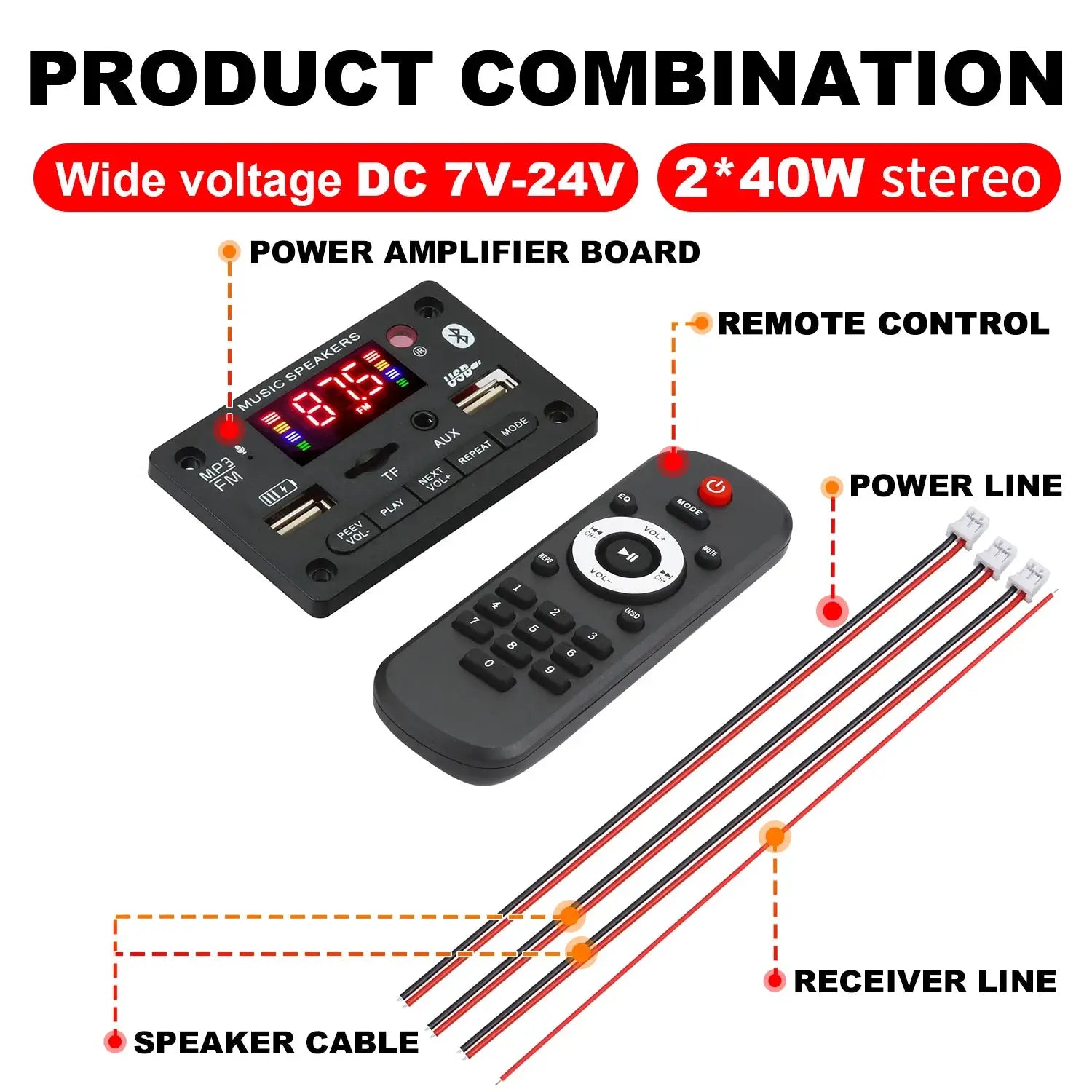 Bluetooth 5.0 MP3 Decoder Board 2x40W Amplifier 12V DIY Car Stereo Module FM Radio USB TF Card Mic