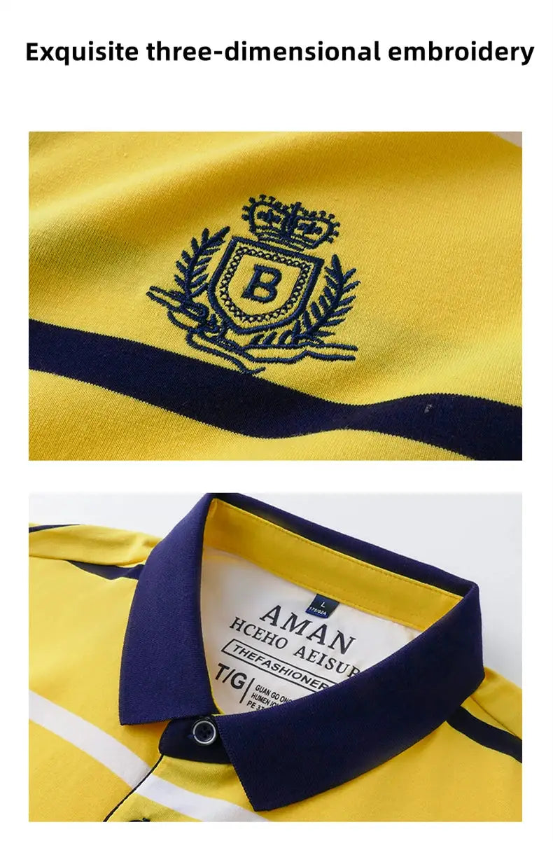 Polo shirt yellow and navy striped with B crest embroidery, AMAN label visible