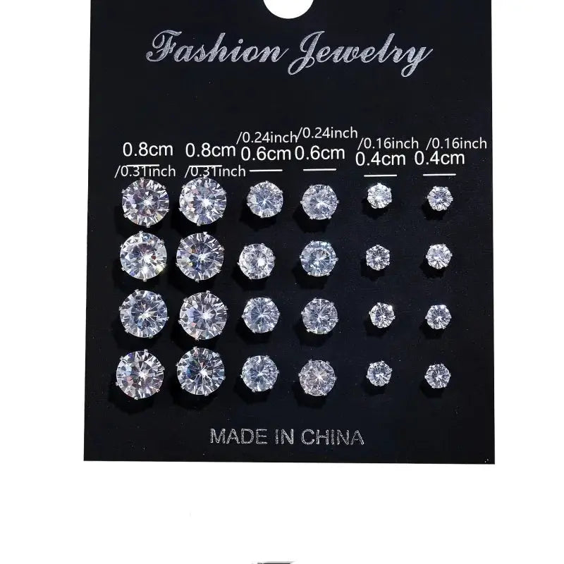 12-pair six-claw zircon crystal stud earrings set, clear white gems on a black display card