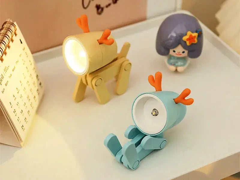 LED mini night light; two deer-shaped foldable desk lamps in yellow and teal with orange antlers