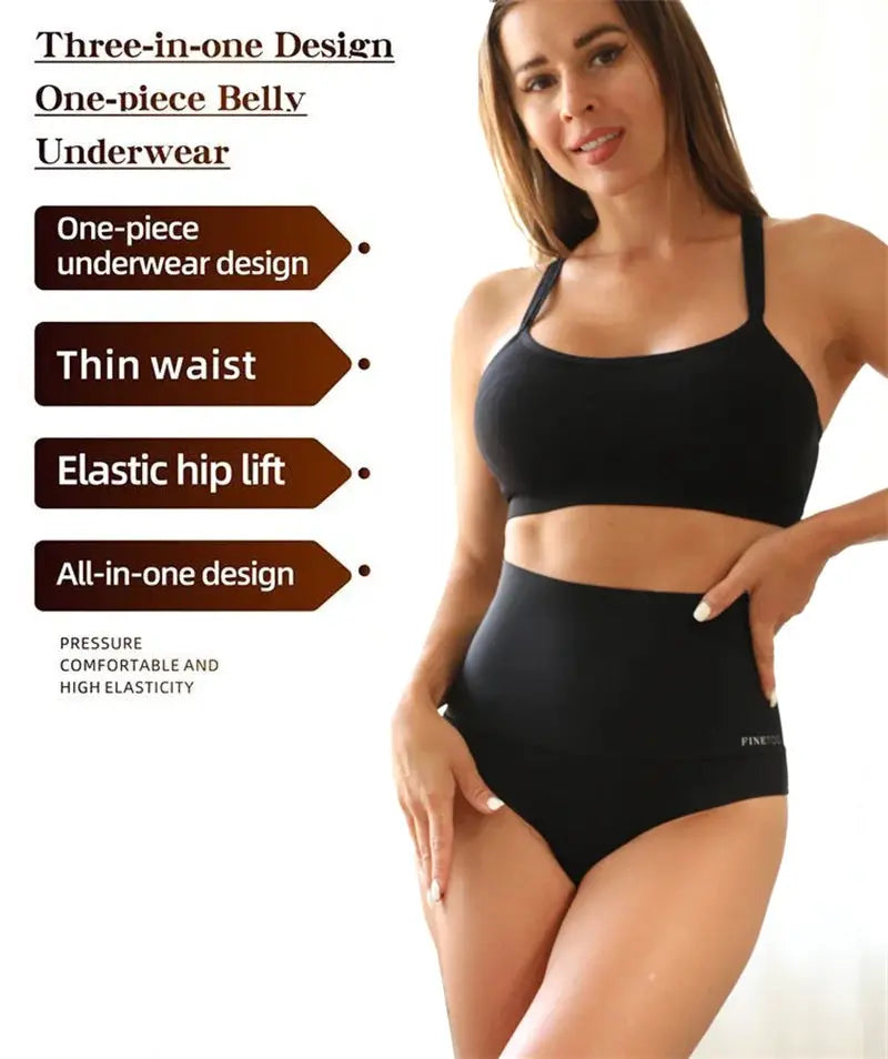 Plus-size women’s high-waist seamless shapewear briefs in black with elastic hip lift