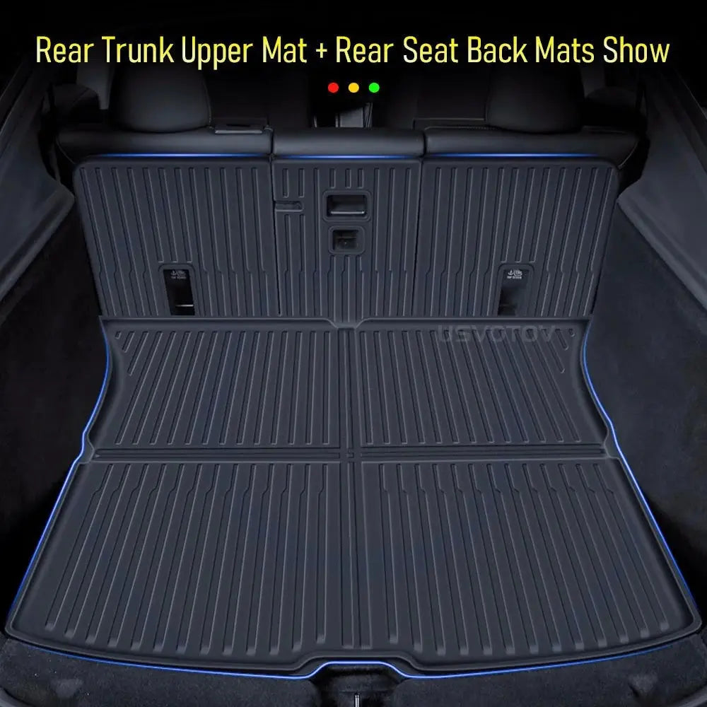 Car Trunk Mat for Tesla Model Y (2025–2026) by Simples Market, Juniper TPE, blue trim cargo liner
