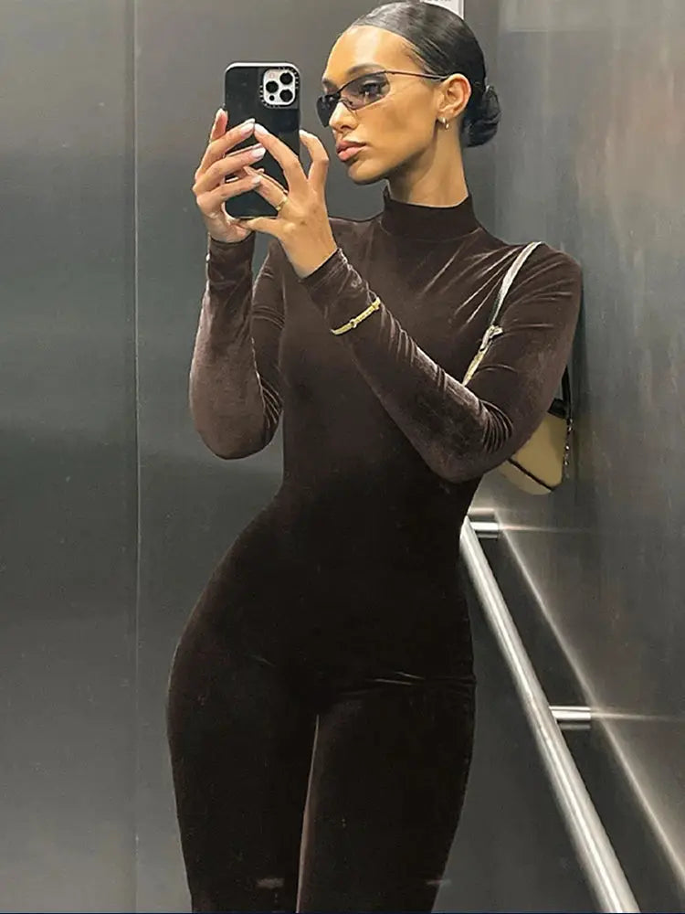 Jumpsuit brown velvet long-sleeve bodycon worn by model in mirror selfie