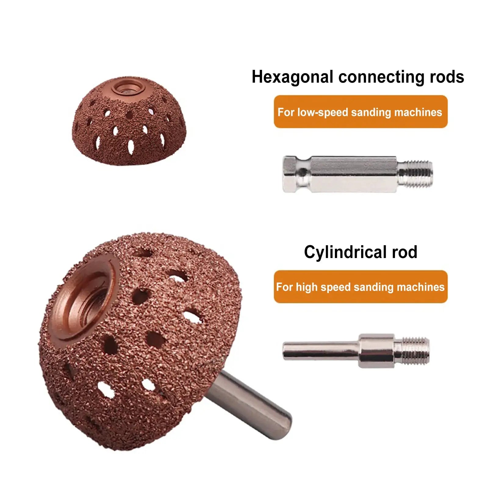 Simples Market tire grinding heads; tungsten hemispherical abrasive heads with hexagonal and cylindrical rod adapters