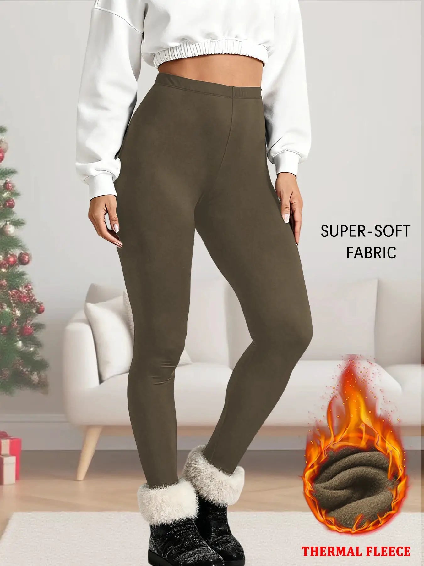 Women's thermal fleece-lined leggings in olive with super-soft fabric for winter workouts