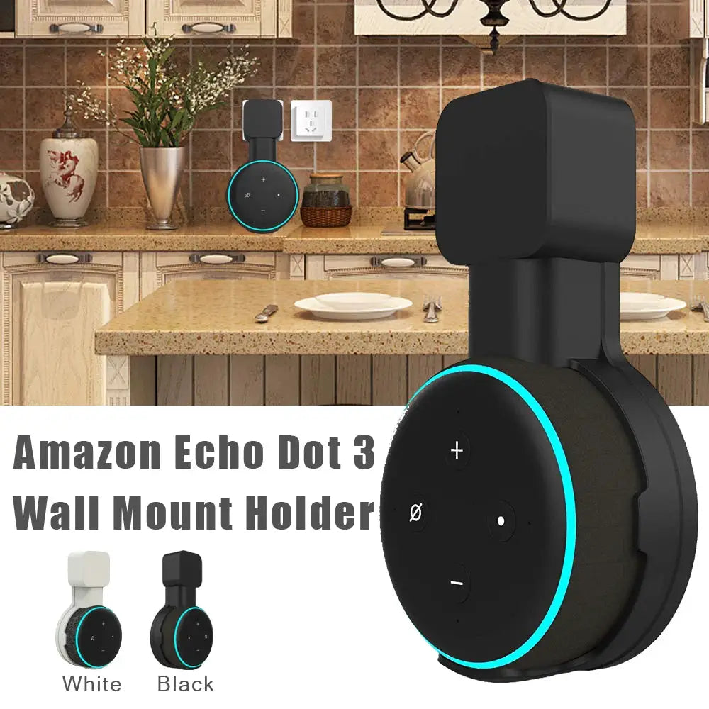 Echo Dot 3 wall mount holder with cord management; black with cyan ring