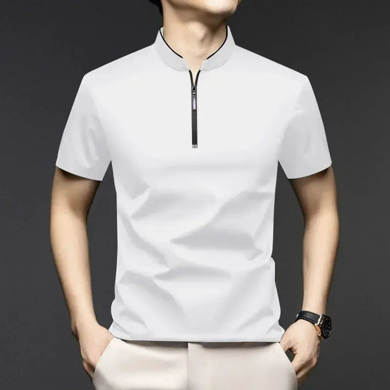 Men's white zip-neck polo shirt with stand-up collar and short sleeves, casual versatile top