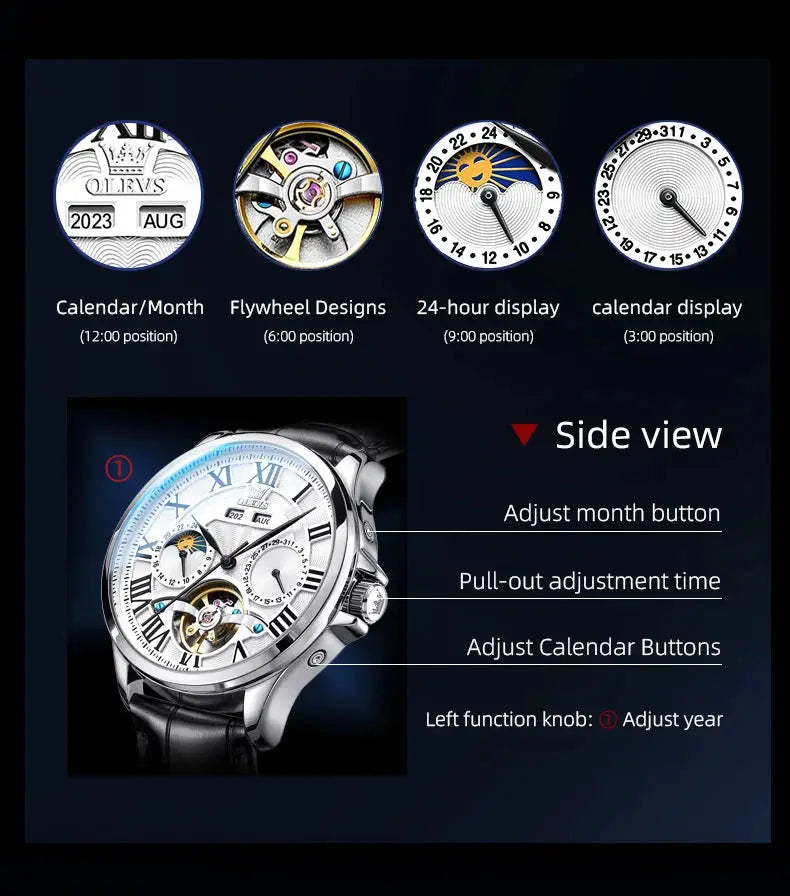 OLEVS 7013 men's watch with moon phase, silver case, white Roman-numeral dial and exposed flywheel
