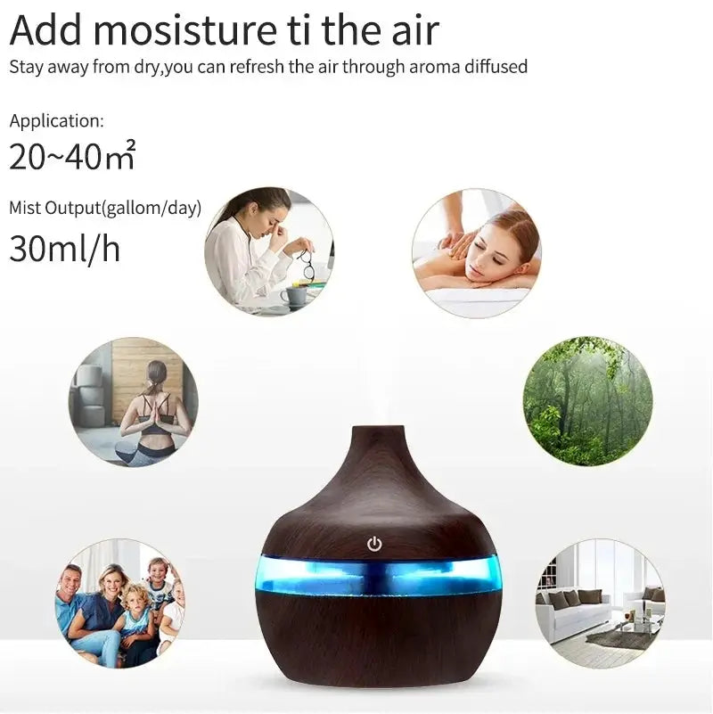 Wood Ultrasonic Humidifier Aroma Diffuser 300ml Cool Mist Essential Oil Aromatherapy For Home