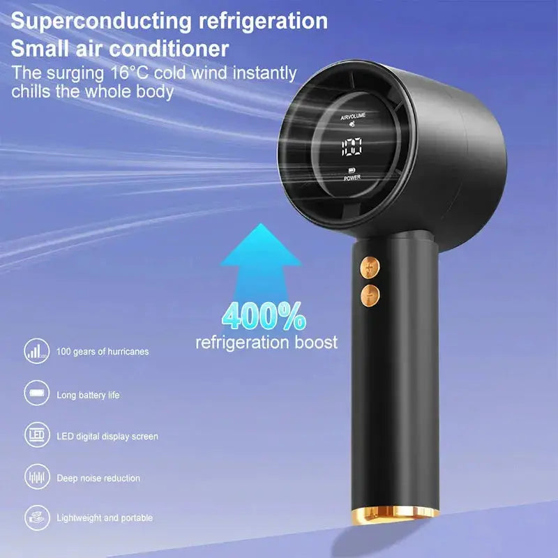 Simples Market mini handheld fan, black with gold accents, USB fast charging portable personal cooling fan.