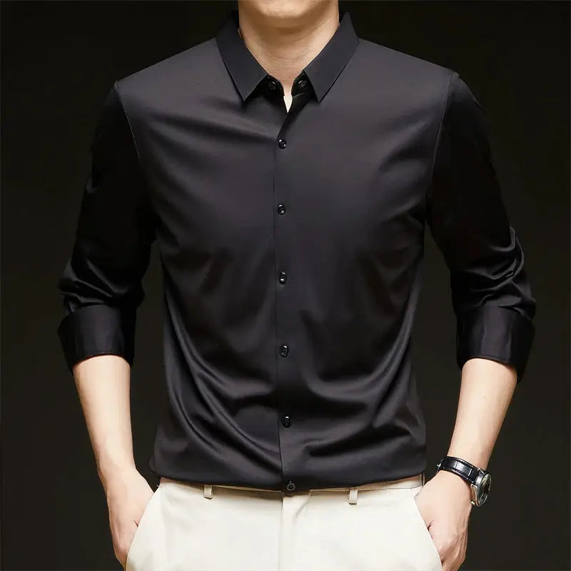 Men's black solid long-sleeve business casual shirt for all-season wear