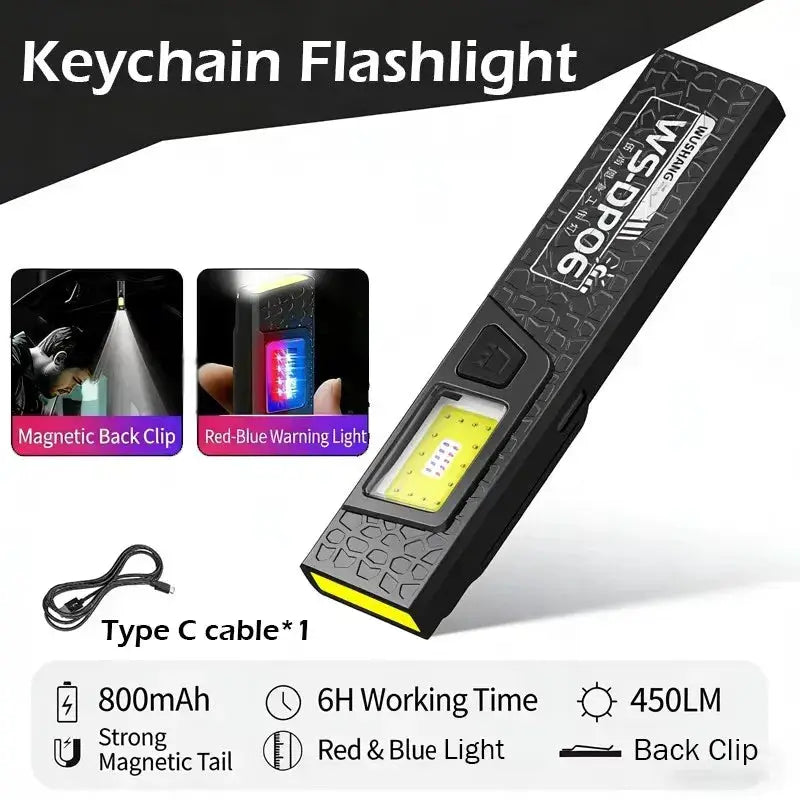 Simples Market keychain flashlight, mini COB LED, USB-C rechargeable, waterproof light with magnetic tail and clip