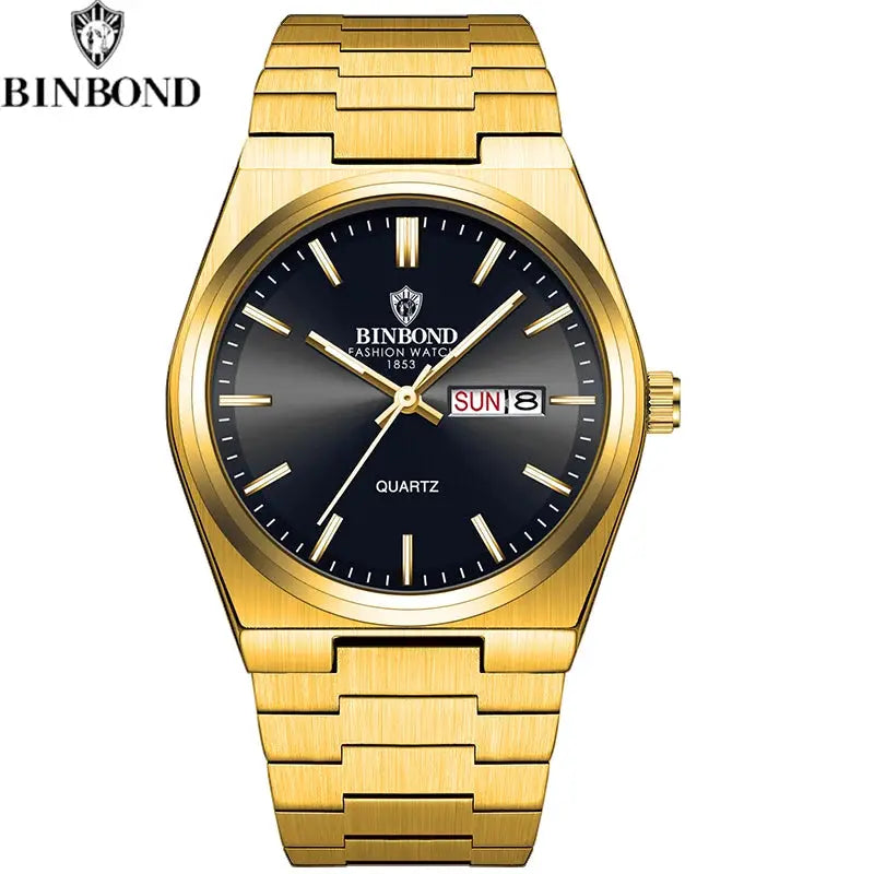 BINBOND men's watch, gold-tone stainless steel bracelet, black dial with day-date window