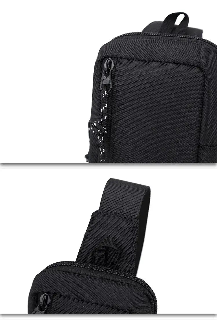 Crossbody bag, black compact mini chest bag with nylon fabric and a zippered pocket