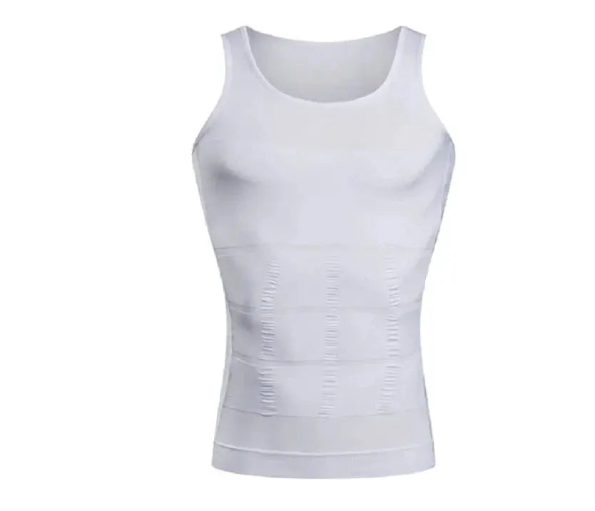 Mens compression sleeveless tank top, white, tight fit for gym training