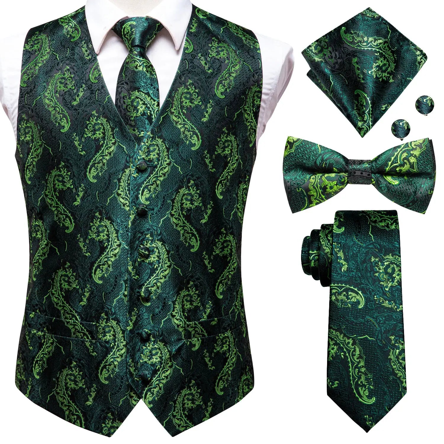 Men's green paisley waistcoat set with vest, tie, bow tie, pocket square and cufflinks by Simples Market