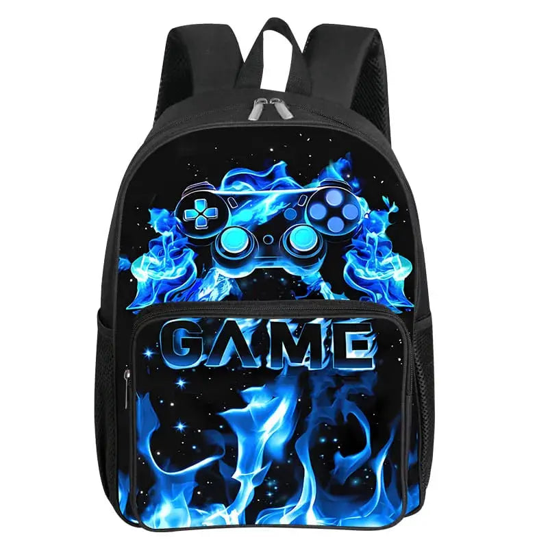 GamePad Pattern Square Front Pocket Backpack by Simples Market, black with blue flame graphics and game controller motif