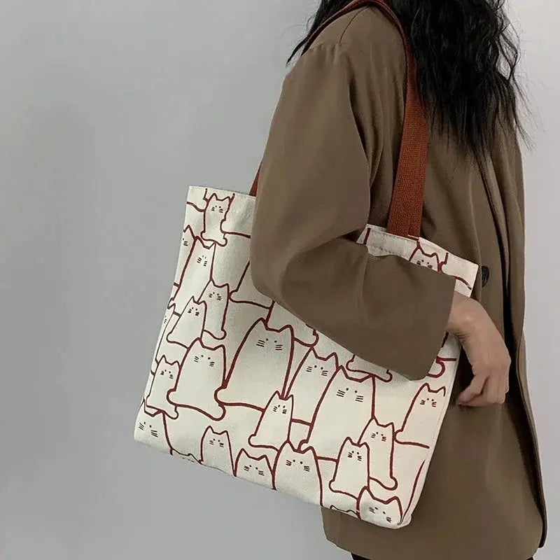 Kawaii Cat Cartoon Canvas Tote Bag For Women With Durable Zipper And Japanese Style Cat Pattern