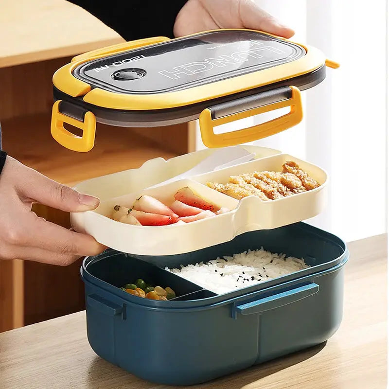 Double Layer Lunch Box Portable Meal Prep Container With Compartments Microwave Safe Leak Resistant Fork And Spoon