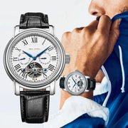 Men's Sea-Gull automatic mechanical wristwatch with ST25 movement, white dial, blue hands, black leather strap