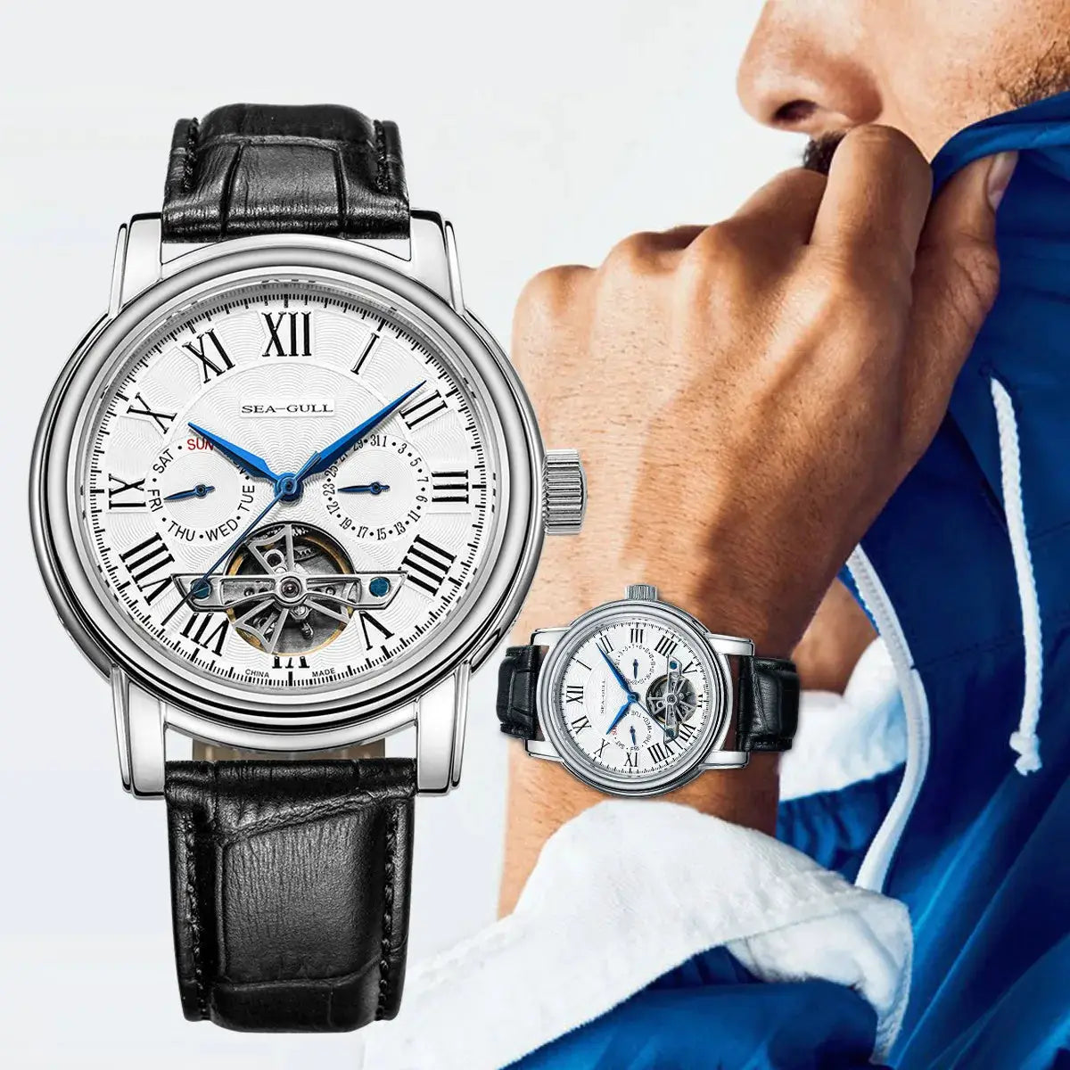 Men's Sea-Gull automatic mechanical wristwatch with ST25 movement, white dial, blue hands, black leather strap