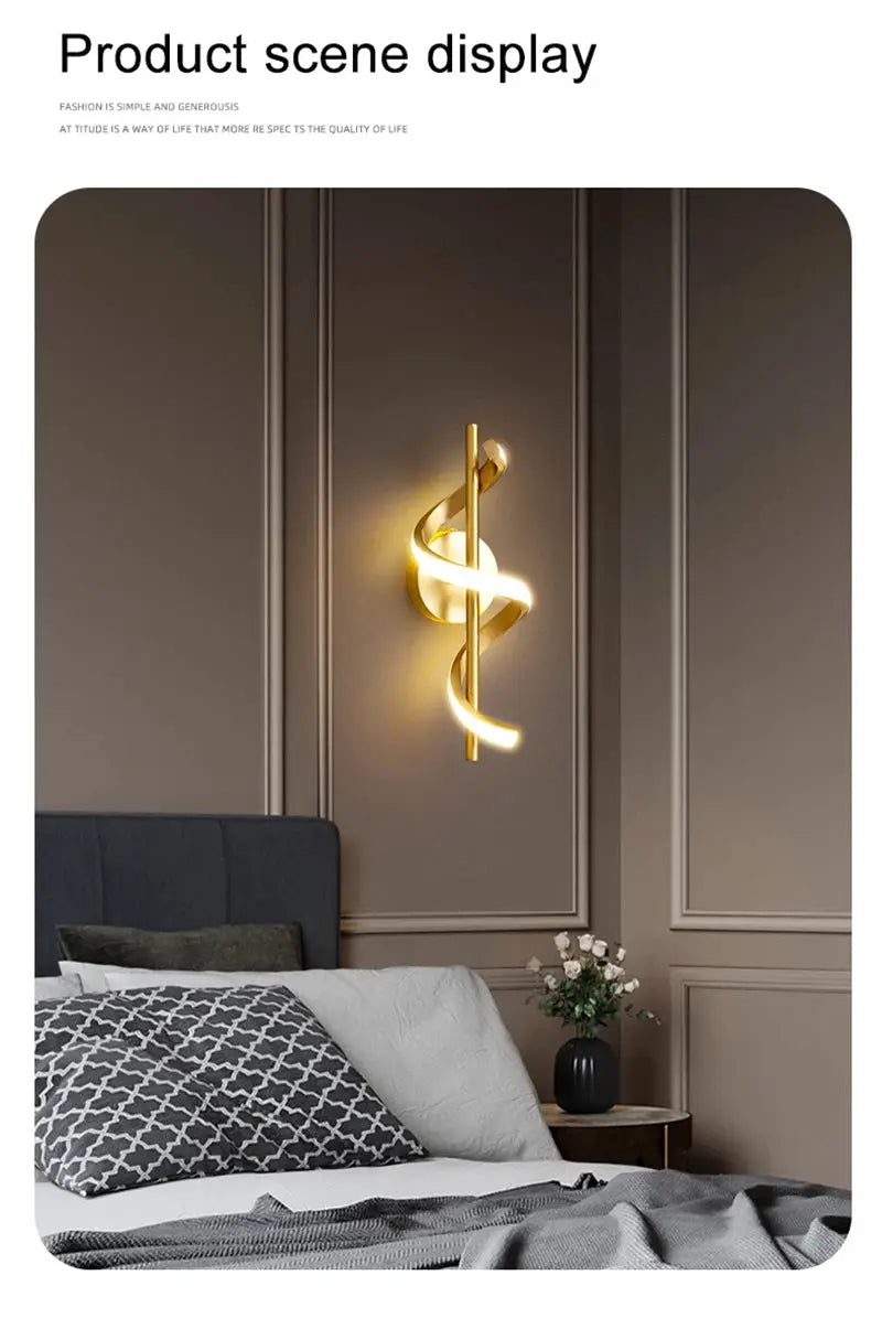 Lustre LED wall lamp with gold spiral light tube mounted on a taupe bedroom wall
