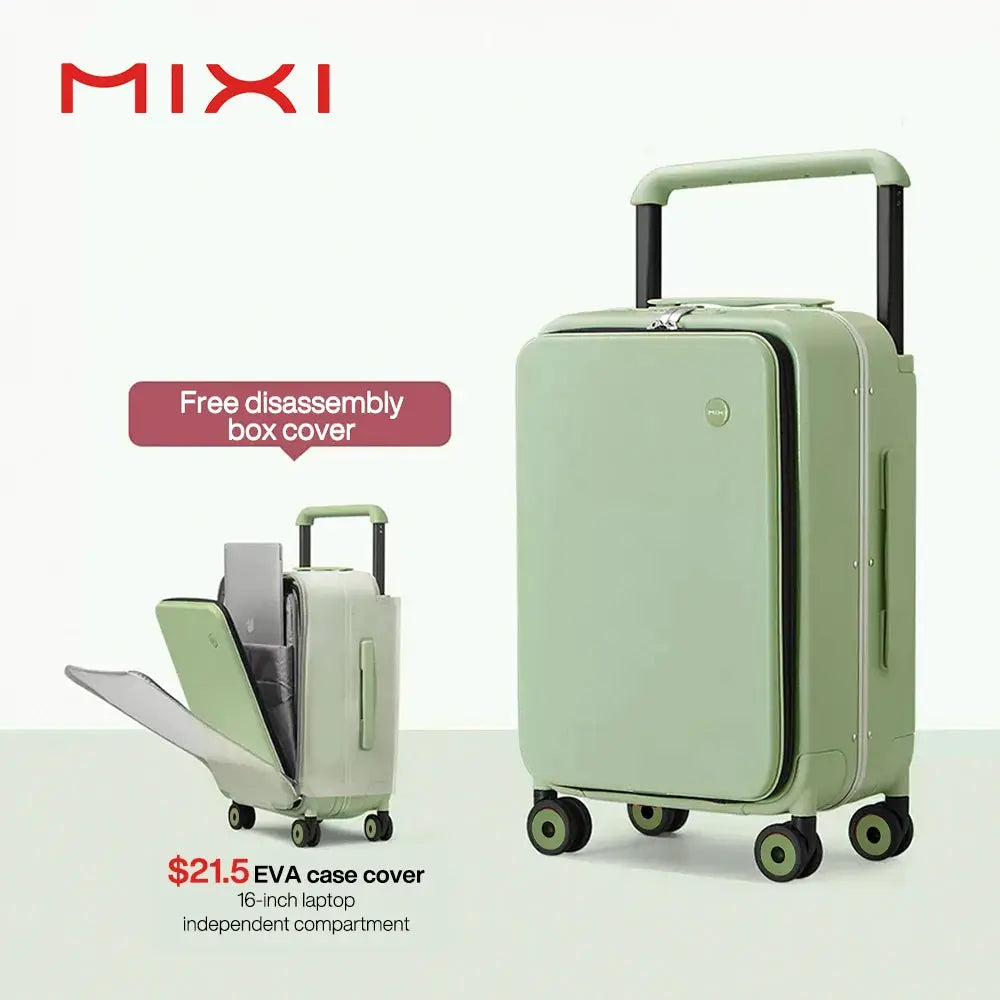 Mixi 20-inch cabin suitcase in mint green with PC aluminum frame and wide pull handle, four spinner wheels.