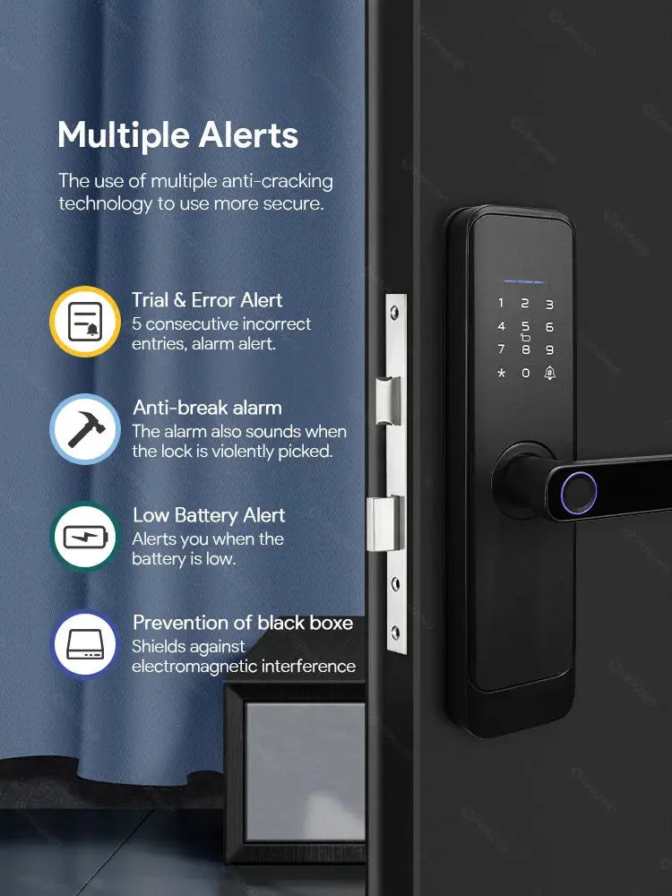 Fingerprint smart door lock with a black finish and numeric keypad