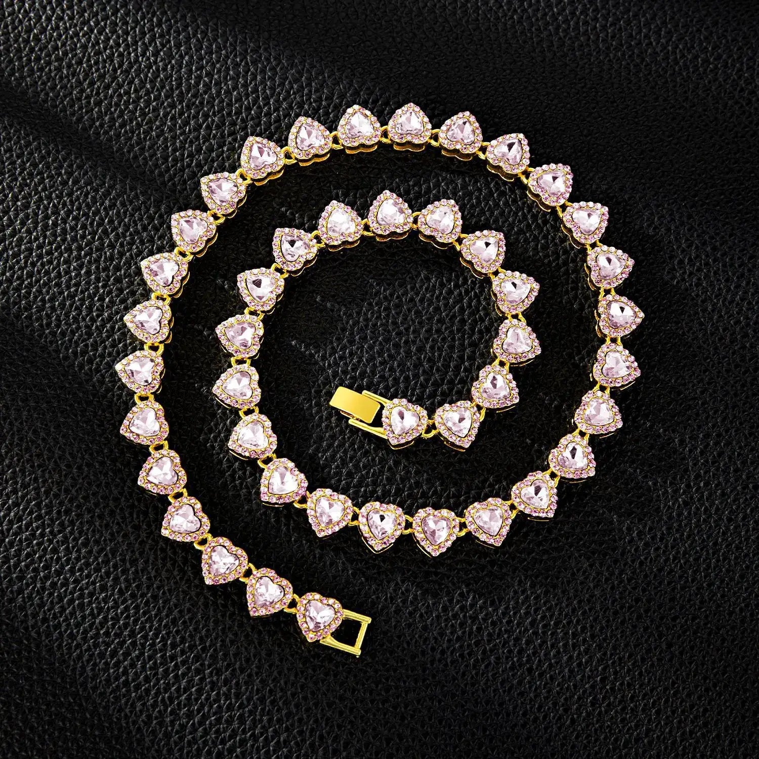 Yupsk 45cm 20cm Shiny Heart Rhinestone Hip Hop Rock Tennis Chain Bracelet Necklace Women Men Trendy Jewelry Set Gift