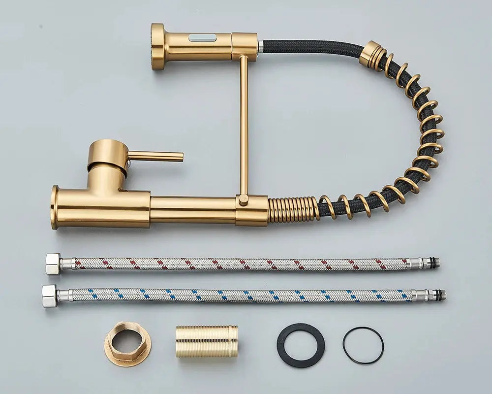 Rozin brushed nickel deck-mounted kitchen faucet with 360° rotation spray sprayer nozzle and two braided hoses