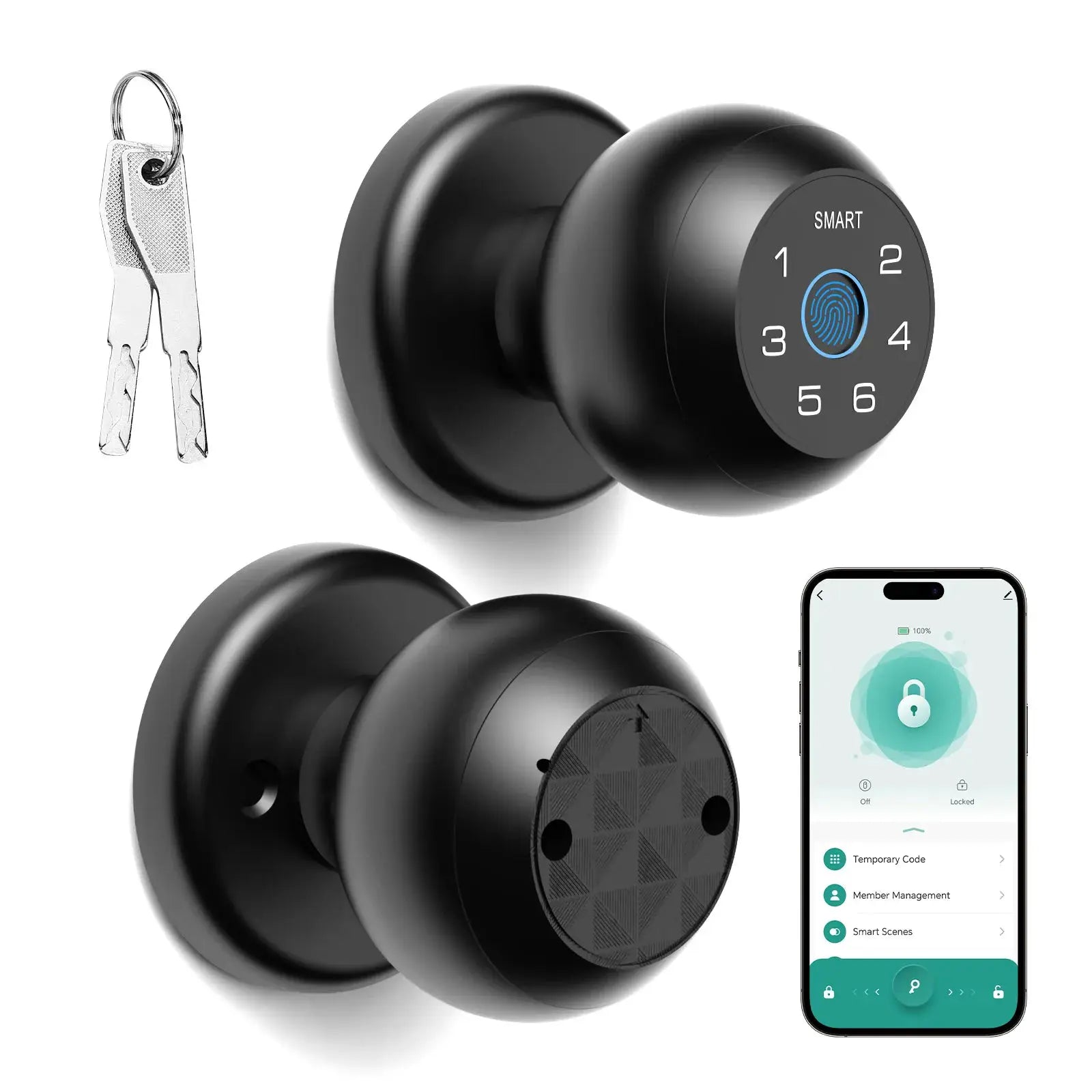 Viladepot ball-shaped smart door lock with fingerprint scanner, touchscreen keypad, and app control, black finish