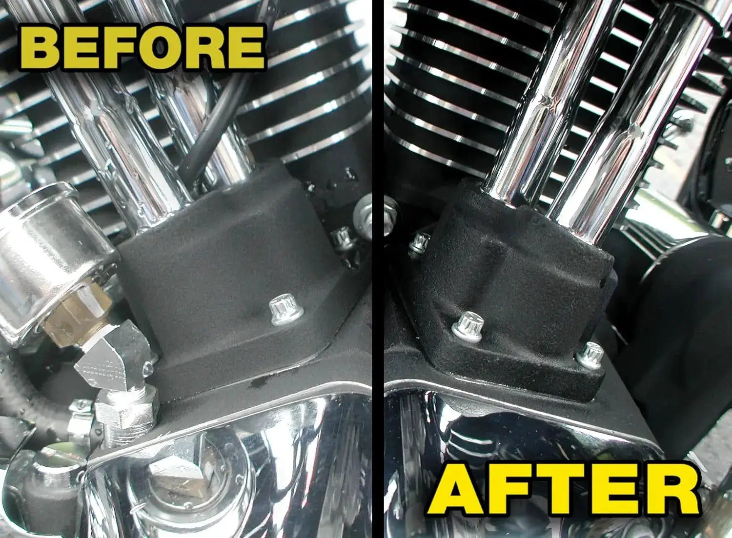 Hydroshine engine bay cleaner spray by Simples Market; chrome engine components shown before/after cleaning split image