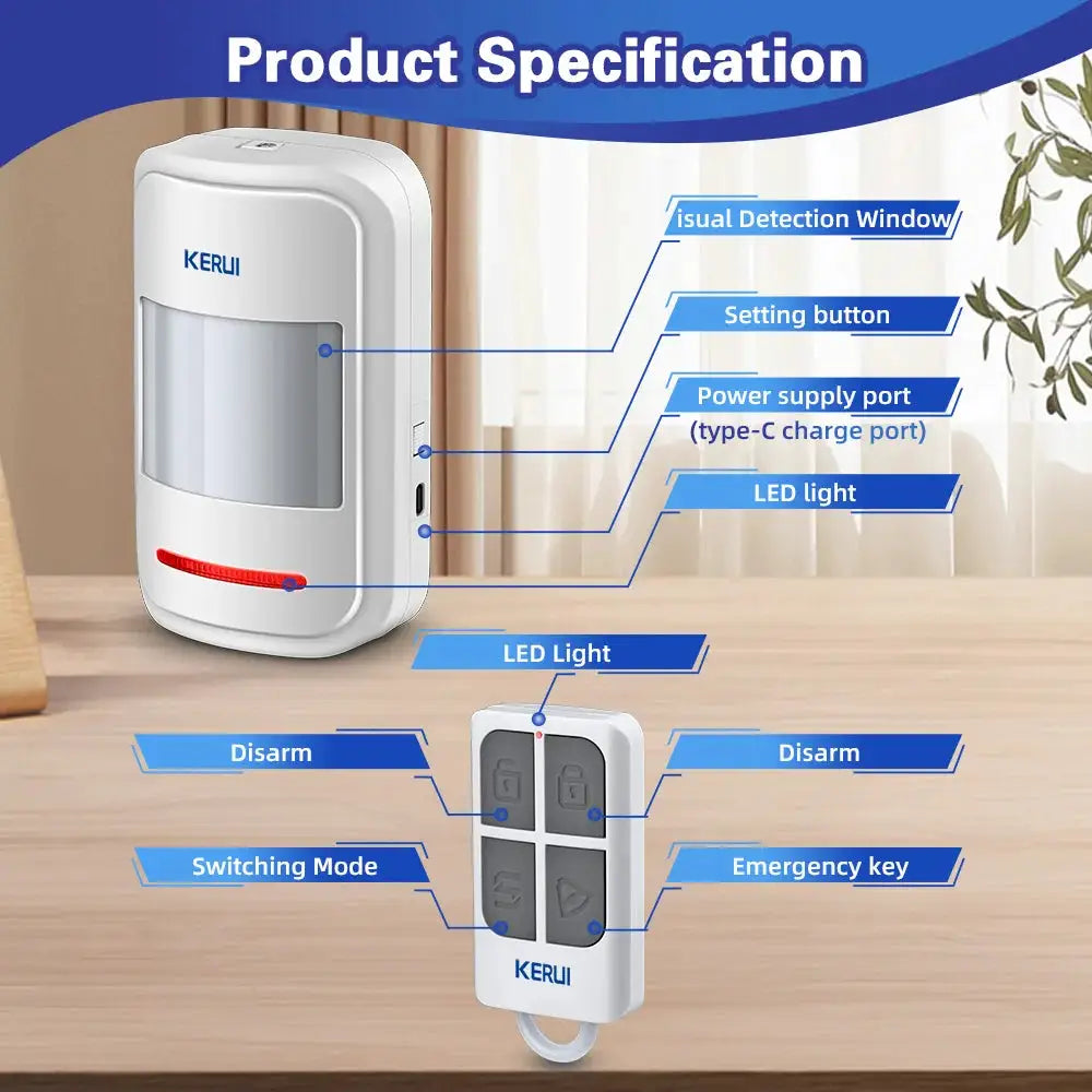 KERUI HW19 motion sensor alarm with remote; white detector and four-button remote on desk, brand Kerui