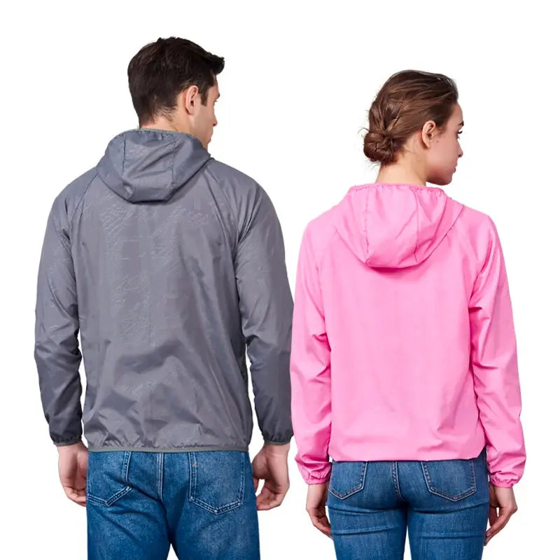JNLN unisex hiking jackets, grey and pink waterproof quick-dry windbreakers with hoods, back view (two wearers)