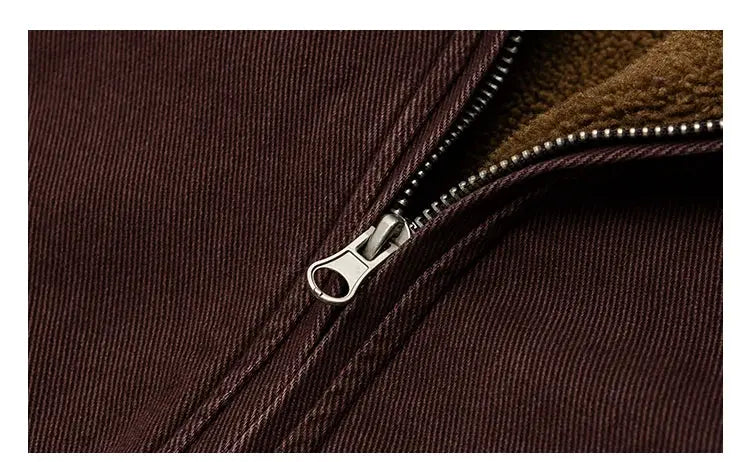Polar fleece jacket, brown Japanese vintage style for men, zipper close-up.