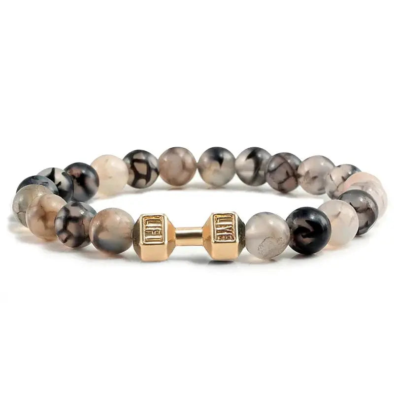 Natural Volcanic Stone Bracelet For Men And Women Matte Black Lava White Beads Dumbbell Charm Strand Fitness Jewelry