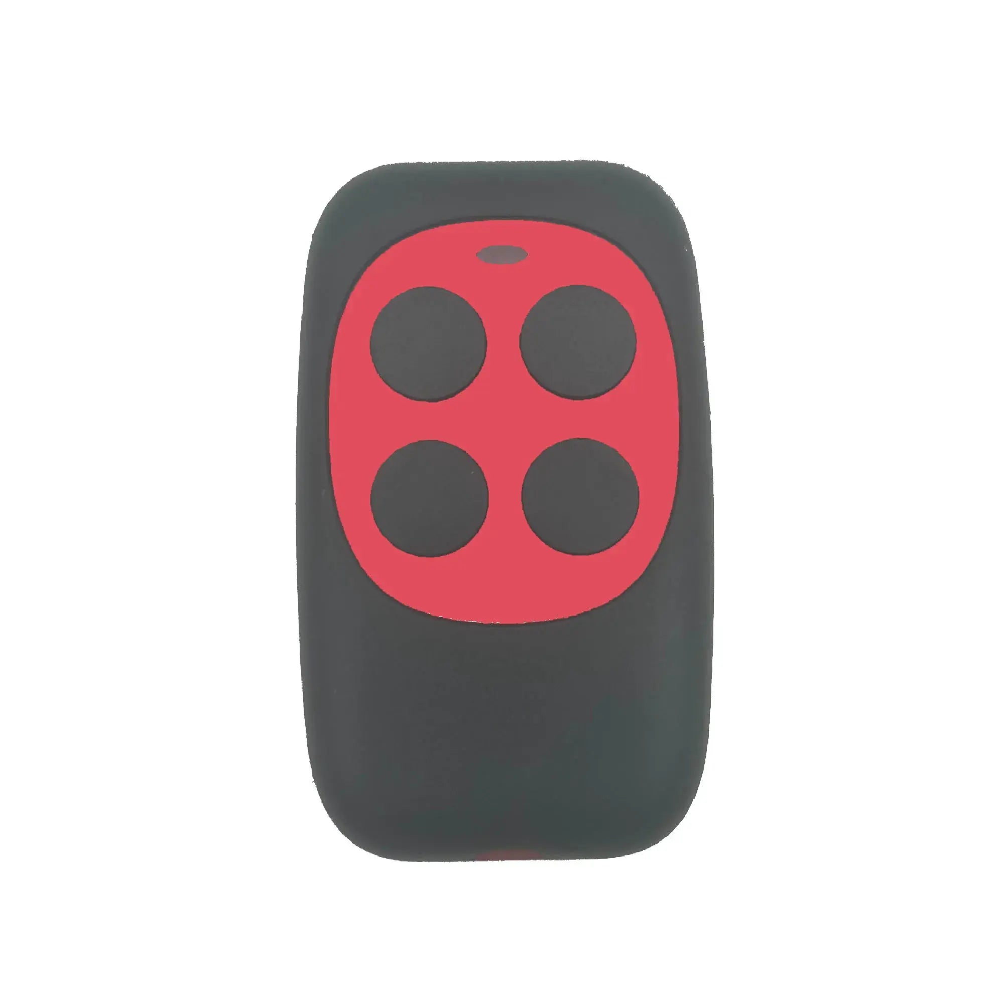 Remote control with red 4-key keypad on dark gray housing.