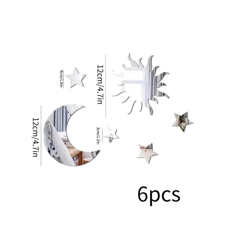 6pcs Star and Moon Mirror Wall Sticker set, silver finish for bedroom and living room, Simples Market